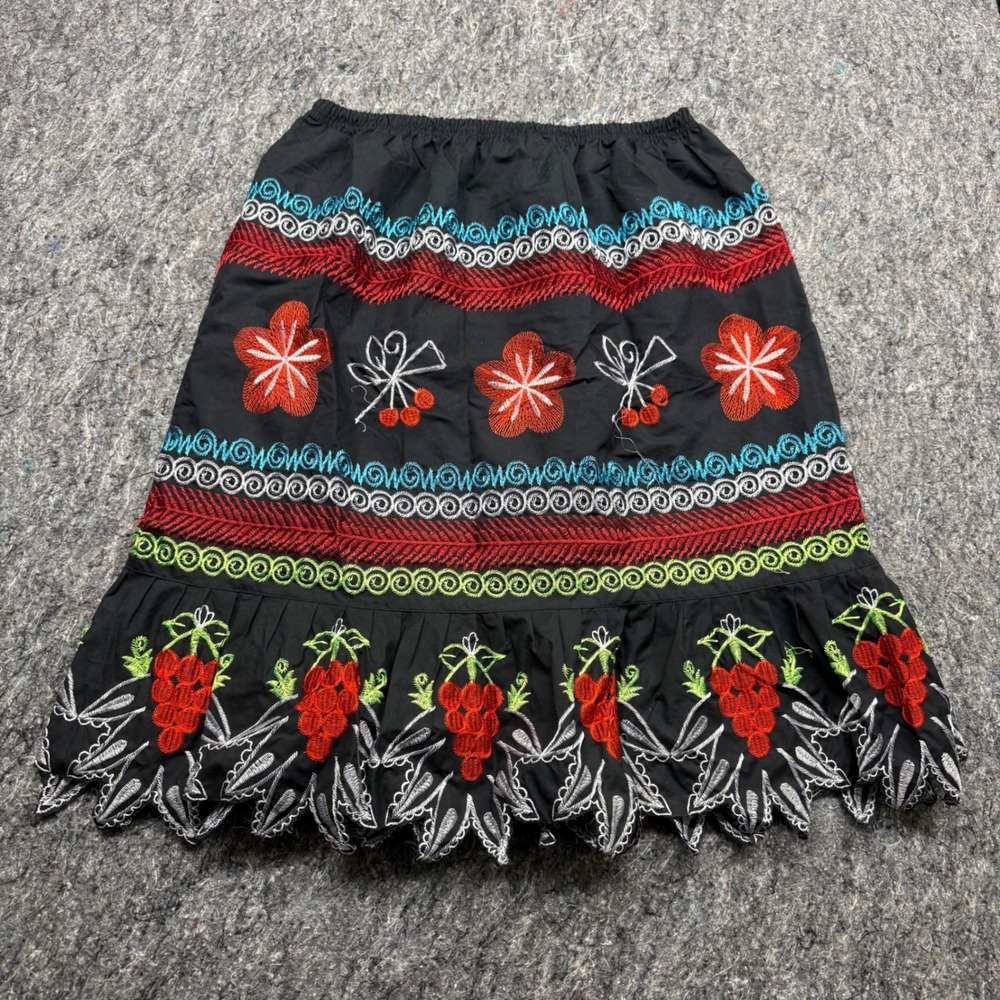 Boho Embroidered Floral Fruit Black Skirt Elastic‎ Waist Scalloped Hem Medium